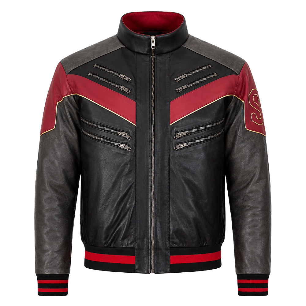 Front view of a Spider Man leather jacket inspired by the Miles Morales look with a black and red biker design, stand collar, and front zipper closure.