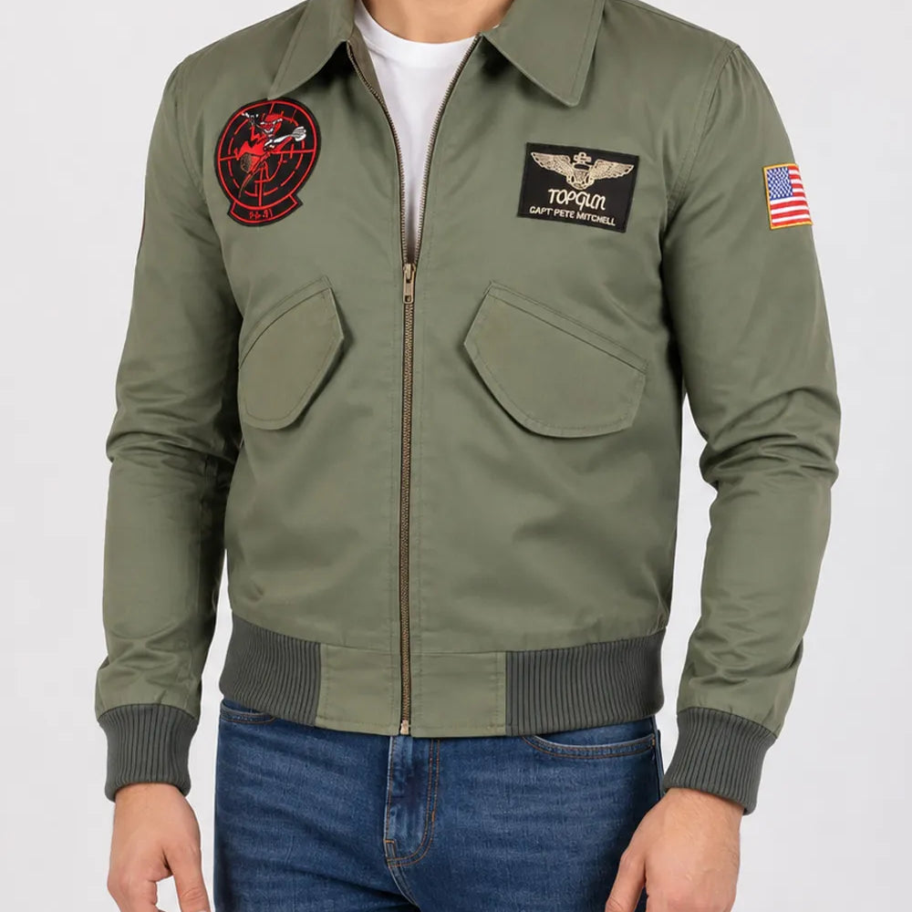 Top Gun Maverick green bomber jacket for men with classic aviation-inspired flight jacket design