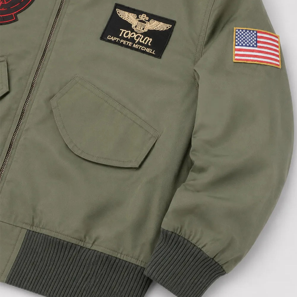 Green Top Gun bomber jacket inspired by Tom Cruise with authentic pilot flight jacket styling.