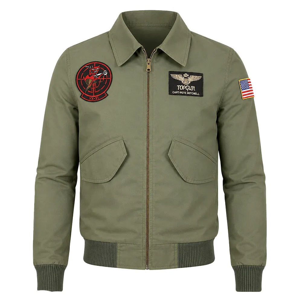 Top Gun green bomber jacket inspired by Tom Cruise Maverick with military patches for men.