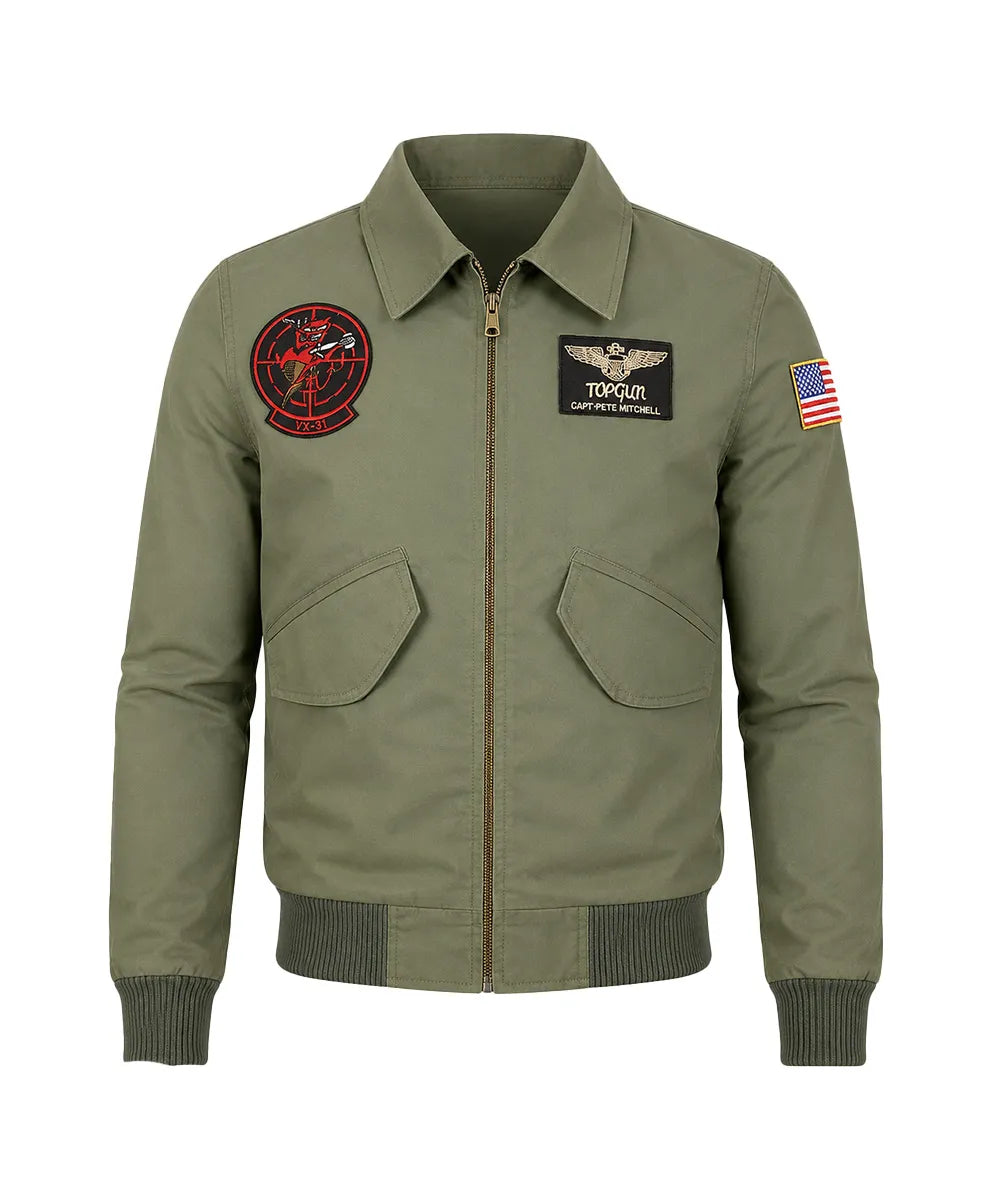 Top Gun green bomber jacket inspired by Tom Cruise Maverick with military patches for men.