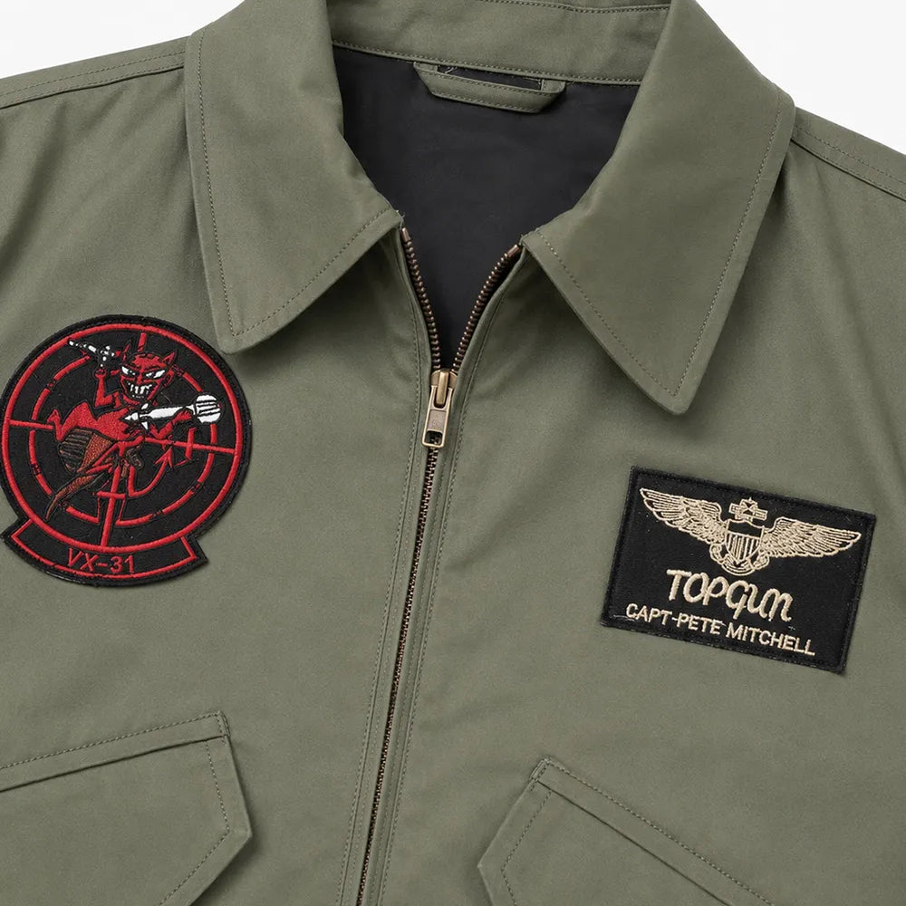 Tom Cruise Top Gun green jacket featuring the original flight bomber style from Top Gun.