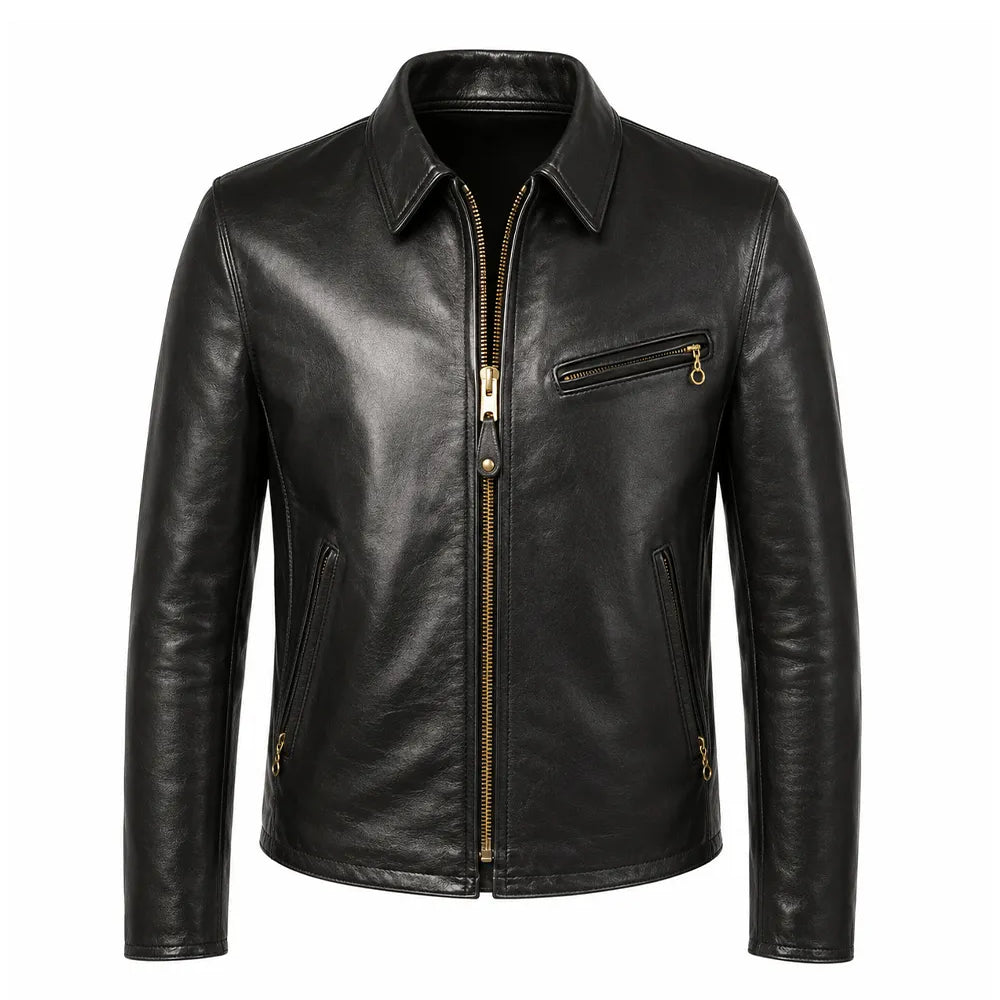 A black leather biker jacket with gold-tone hardware, featuring a zippered front, a zippered chest pocket, and side pockets, shown on a plain white background.