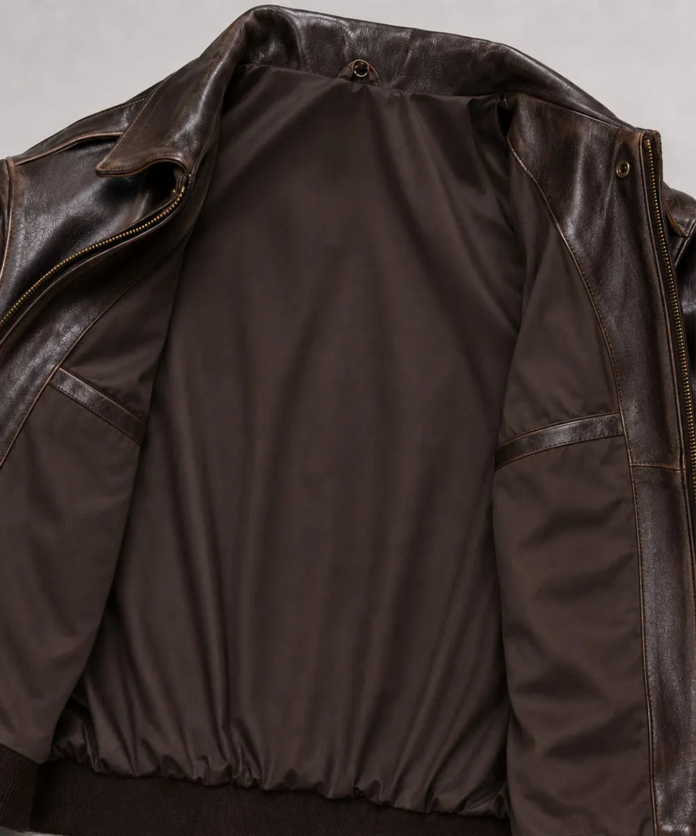 Genuine cowhide leather flight jacket in dark brown featuring a timeless A-2 bomber silhouette for everyday and outdoor wear.