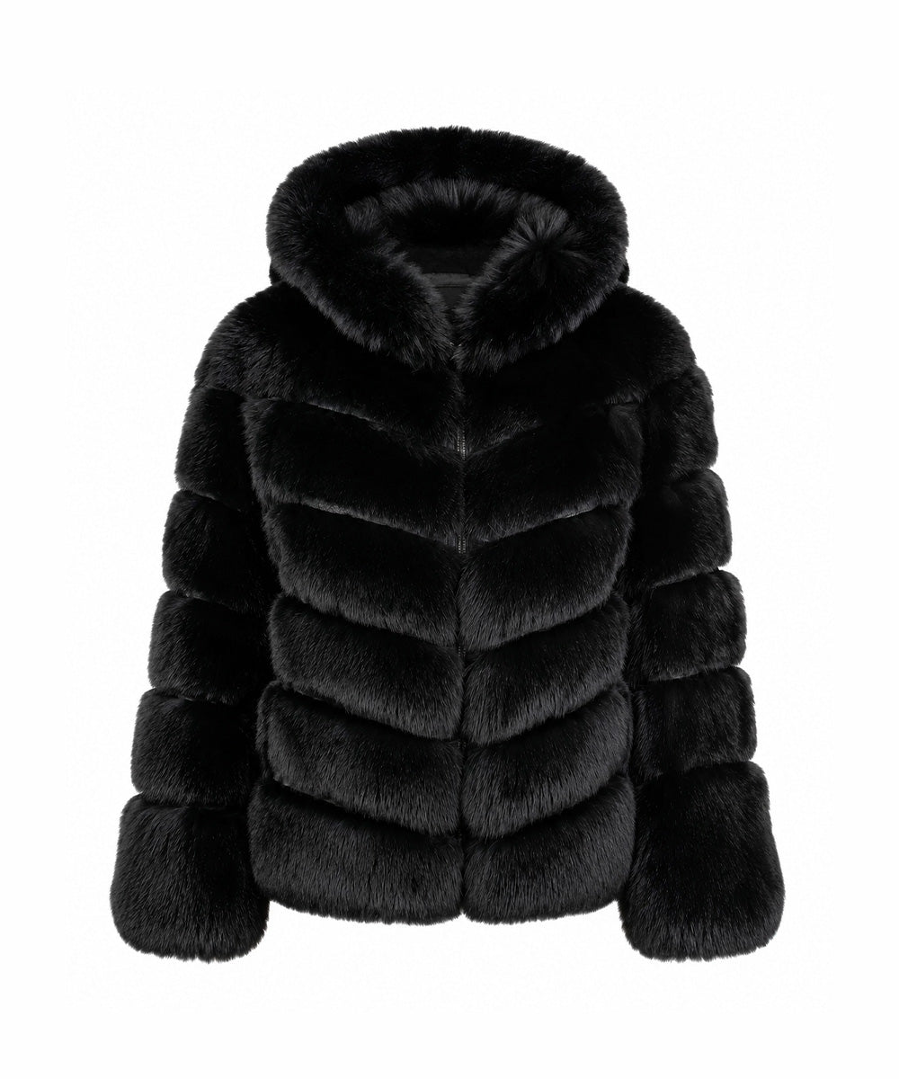A black faux fur jacket with a wide collar and horizontal padded sections, shown against a plain white background.