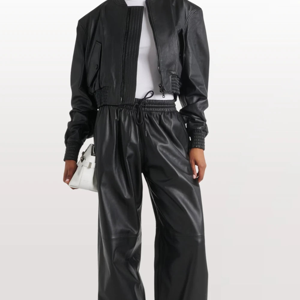 Women's Cropped Leather Bomber Jacket - Black Classic