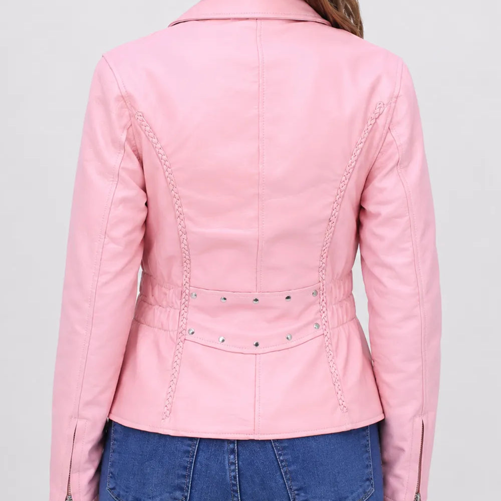 Back view of a women's pink leather motorcycle jacket featuring premium buffalo leather, clean panel detailing, and a tailored biker fit.