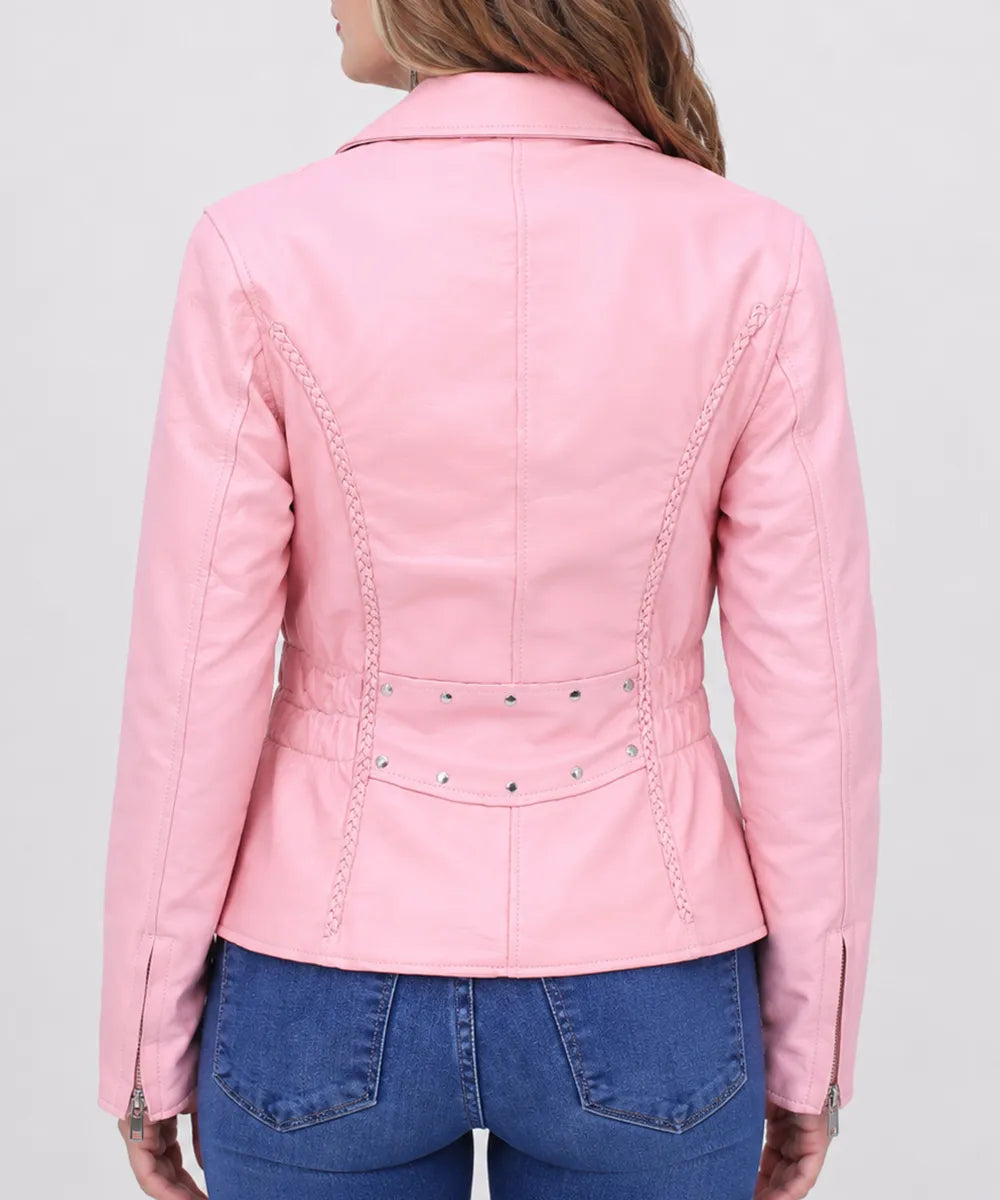 Back view of a women's pink leather motorcycle jacket featuring premium buffalo leather, clean panel detailing, and a tailored biker fit.