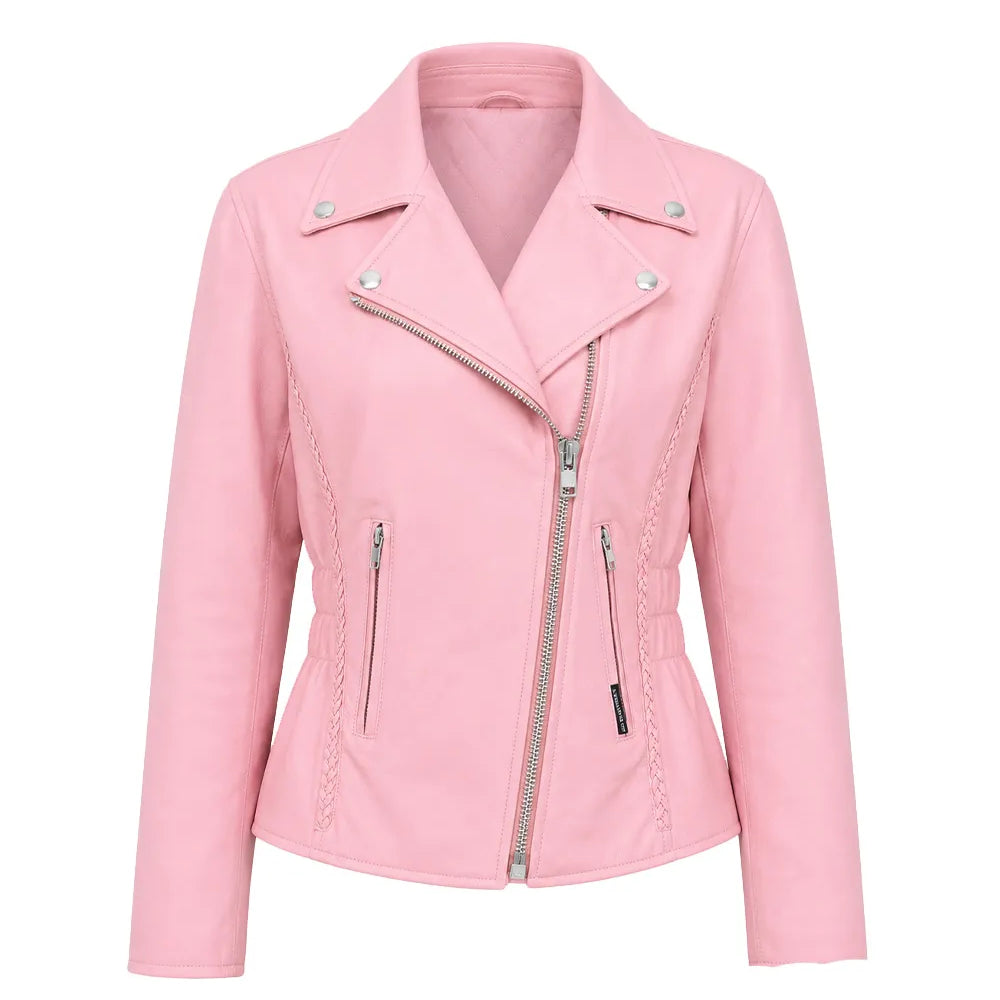 Women's pink leather motorcycle jacket in soft premium buffalo leather featuring a classic biker design with an asymmetrical front zipper and snap collar.