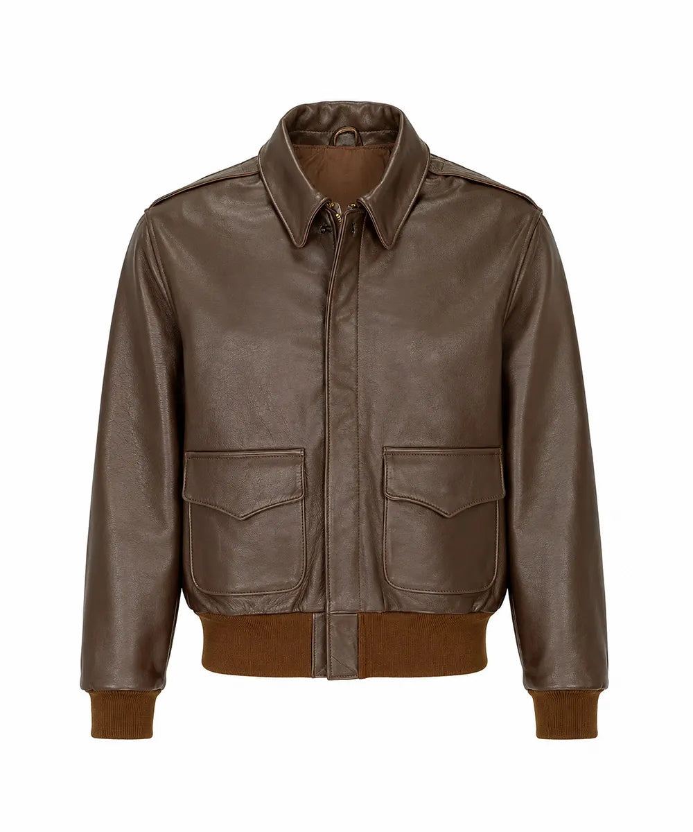 A brown leather aviator-style jacket with a pointed collar, front zipper, and two large flap chest pockets, shown on a plain white background.