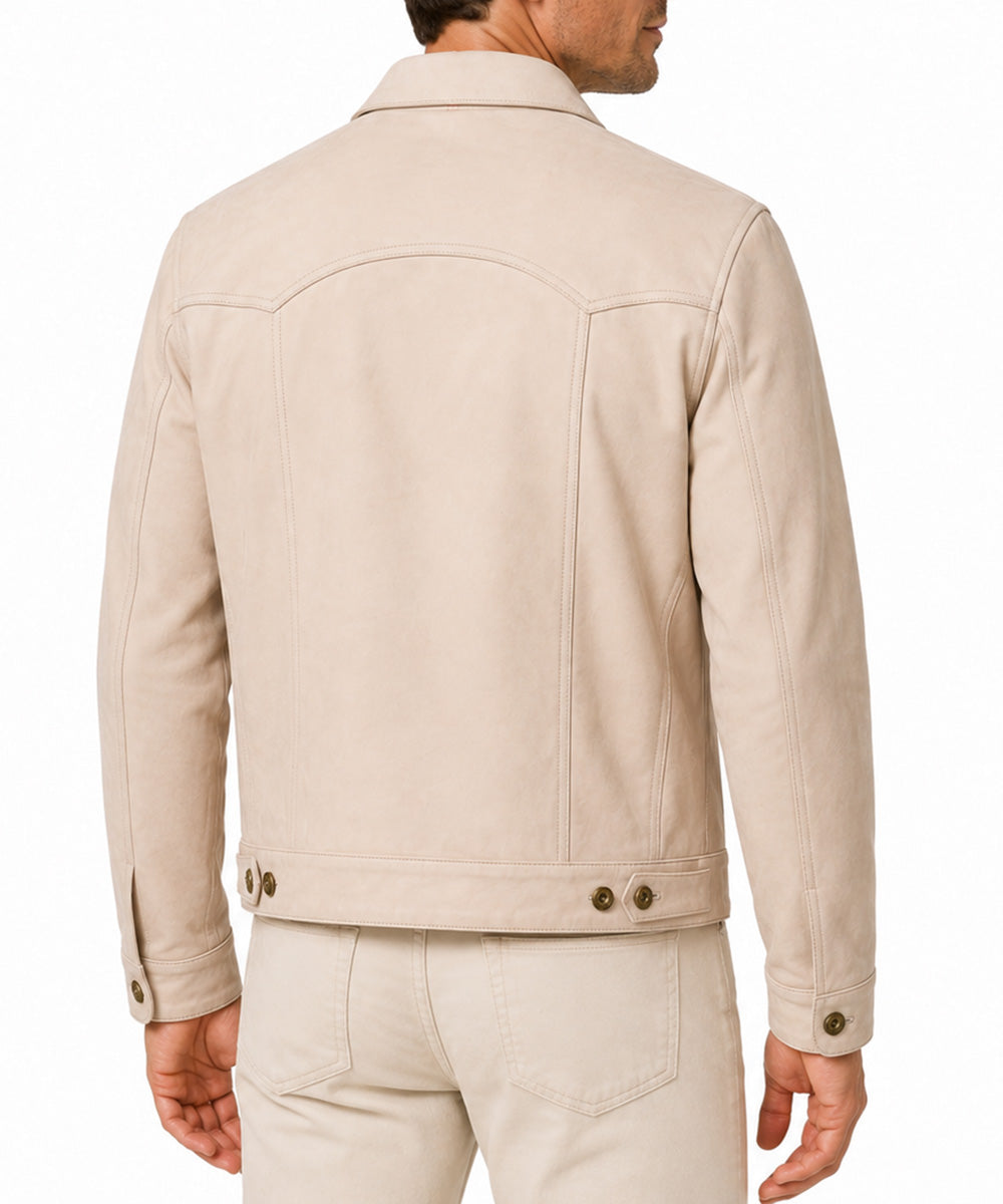 A man shown from the back wearing a light beige suede or nubuck jacket with matching beige trousers, photographed against a clean white background.