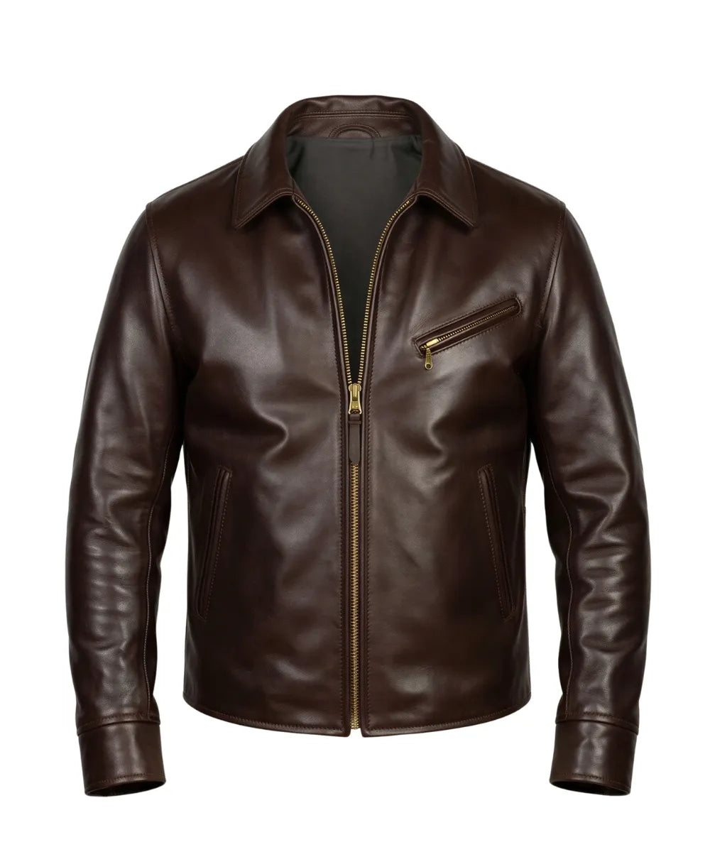 A dark brown leather jacket with a front zipper, a zippered chest pocket, and a pointed collar, shown against a plain white background.