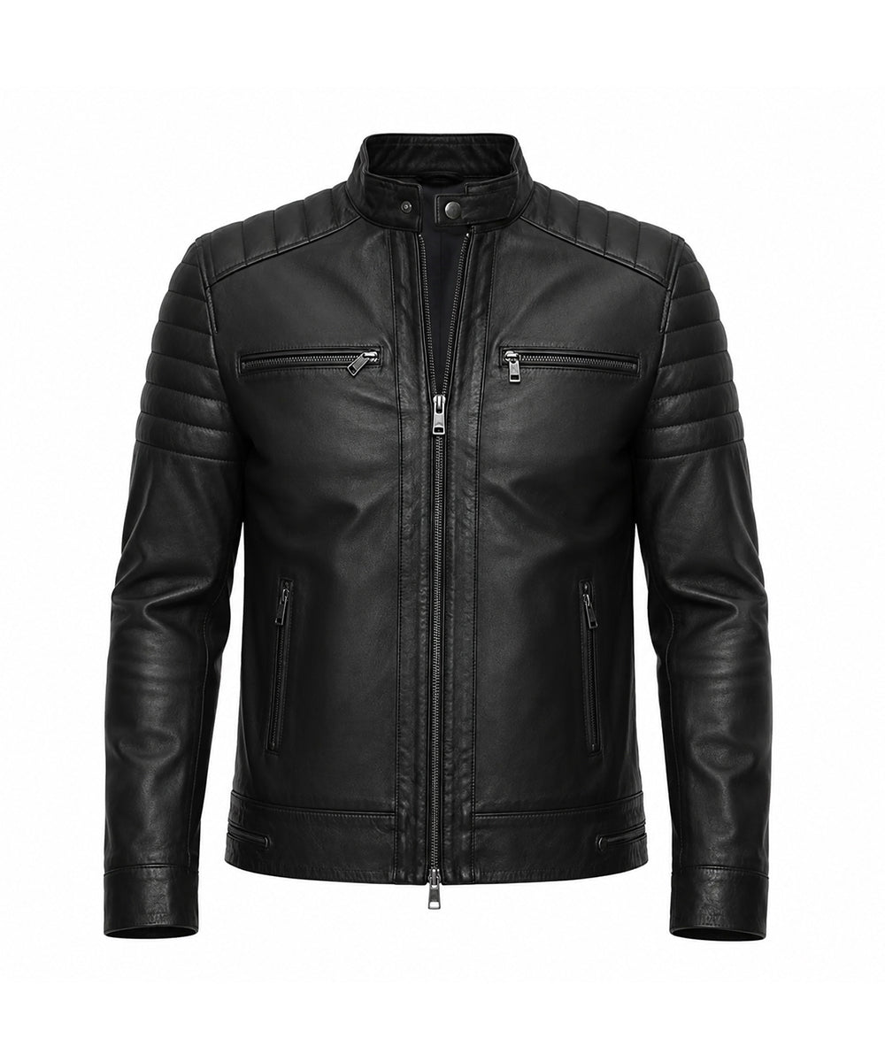 A black faux leather biker jacket with a stand-up collar, full front zipper, and multiple zippered pockets, shown on a plain white background.