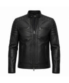 A black faux leather biker jacket with a stand-up collar, full front zipper, and multiple zippered pockets, shown on a plain white background.
