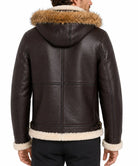 Back view of a men's hooded sheepskin bomber jacket in brown with a classic flight jacket silhouette