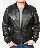 Men’s Leather Bomber Jacket with Hood – Slim Fit Black
