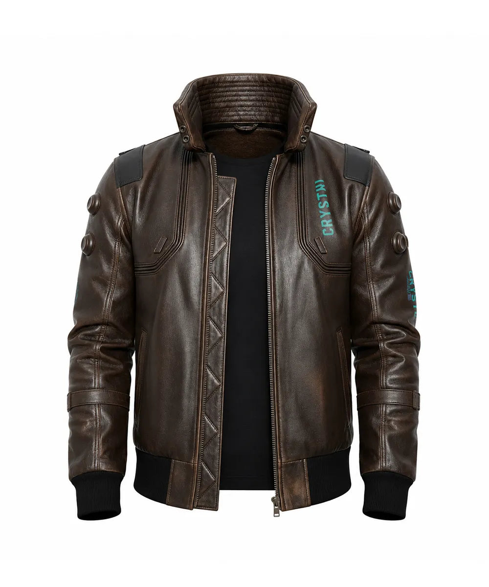 A dark brown faux-leather bomber jacket with a high collar, black ribbed cuffs and hem, and teal text graphics reading 'CRYSTAL' on the chest and sleeve, shown on a white background.