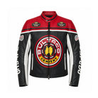 A black leather motorcycle jacket featuring a bold red and white racing-inspired design, with a large circular 'Bulteraco Cement' logo on the chest and 'Bulteraco' printed vertically on the sleeves.