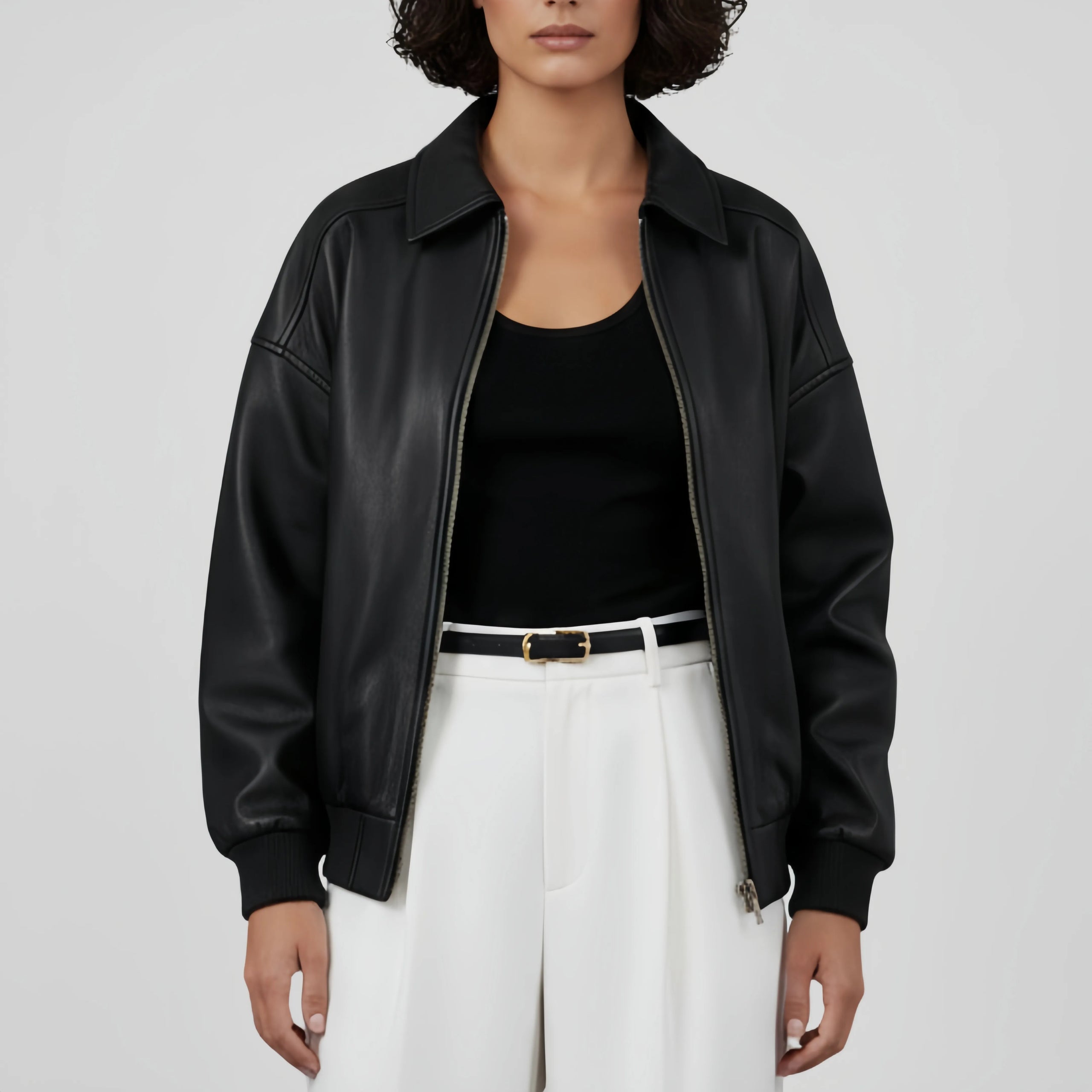 Black Oversized Leather Bomber Jacket For Women's