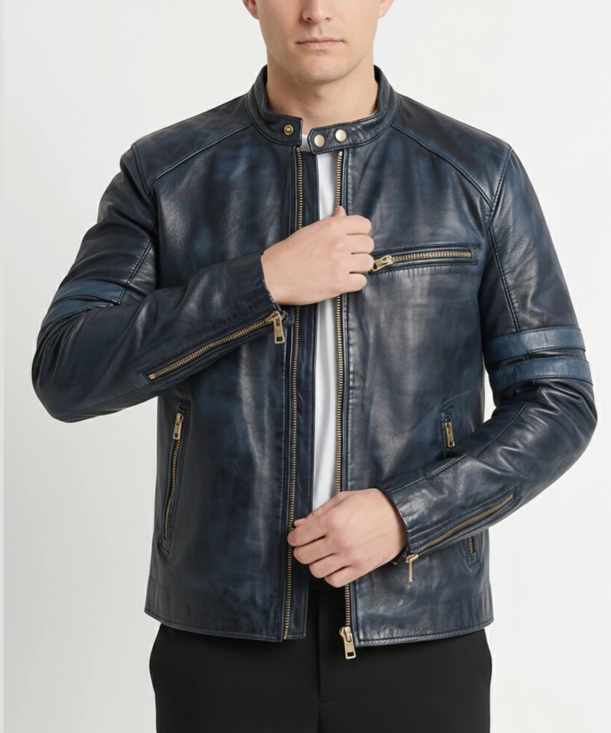 Men’s Black Cafe Racer Leather Jacket – Slim Fit Genuine Leather