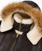 Close-up of the sheepskin leather exterior, buckle collar, and front closure on a B-3 bomber jacket