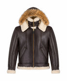 Front view of a men's B-3 sheepskin flight jacket with a hood and front zipper
