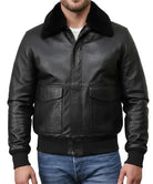 Men's Black Leather Jacket with Fur Collar – Genuine Sheepskin Bomber Style