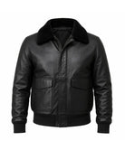 Men's Black Leather Jacket with Fur Collar – Genuine Sheepskin Bomber Style