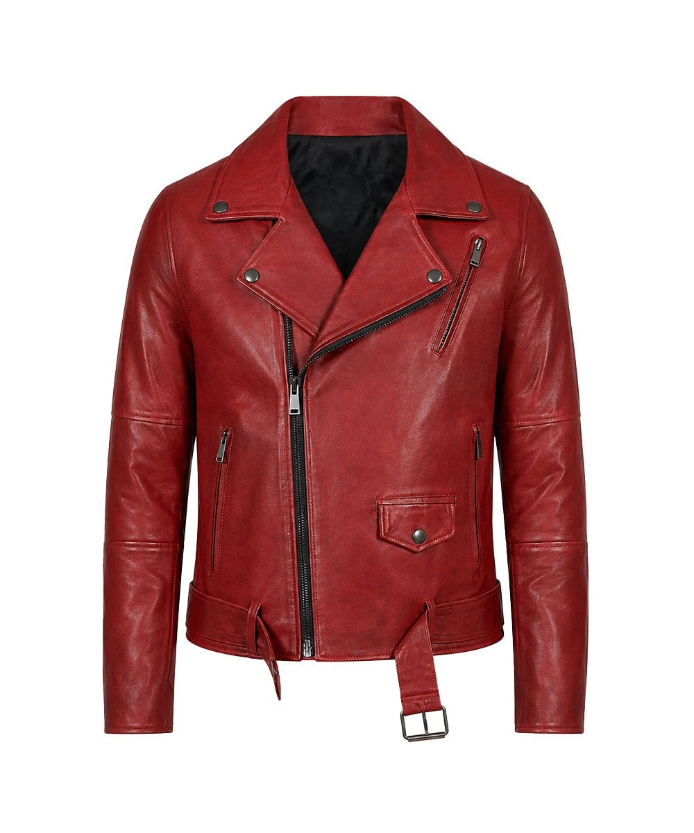 A red leather biker jacket with an asymmetrical zipper, zippered pockets, and a belted hem, shown on a plain white background.