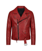 A red leather biker jacket with an asymmetrical zipper, zippered pockets, and a belted hem, shown on a plain white background.