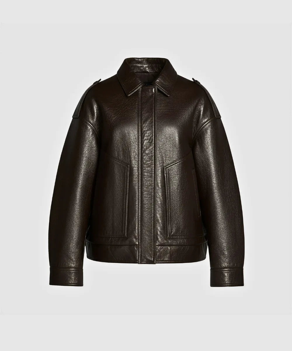 Brown leather bomber jacket on a light gray background