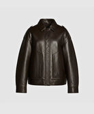 Brown leather bomber jacket on a light gray background