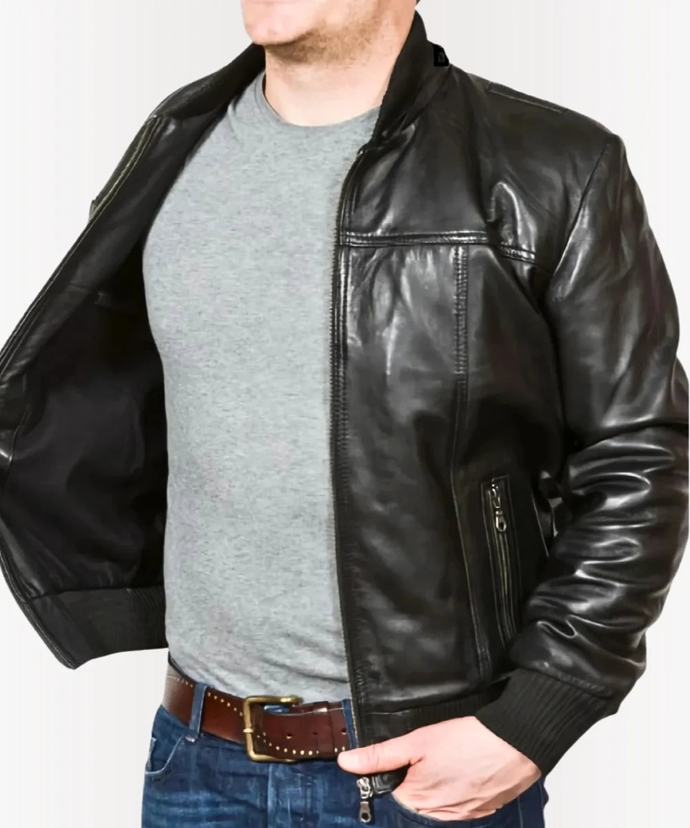 Men’s Leather Bomber Jacket with Hood – Slim Fit Black