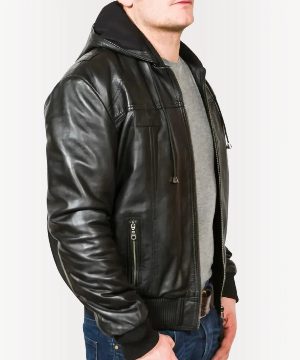 Men’s Leather Bomber Jacket with Hood – Slim Fit Black