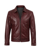 A men's dark harrington collar burgundy leather jacket with a front zipper, stand collar, and ribbed hem and cuffs, shown against a plain white background.