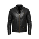 A black leather biker jacket with gold-tone hardware, featuring a stand-up collar, full front zipper, diagonal chest zip pocket, and lower flap pocket, shown on a plain white background.