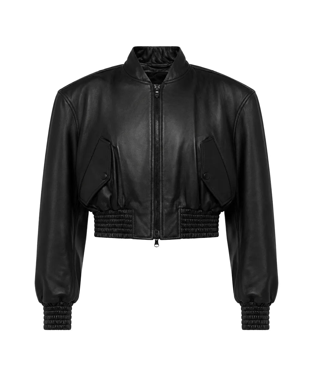 Women's Cropped Leather Bomber Jacket - Black Classic