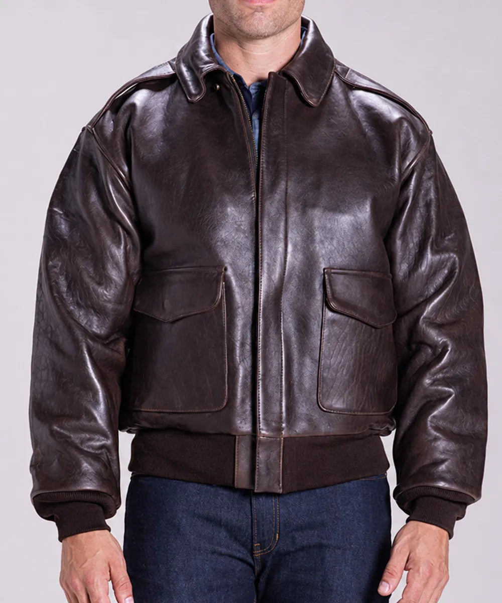 Front view of a men's A-2 leather flight jacket featuring genuine cowhide leather, flap pockets, and a vintage brown bomber design.