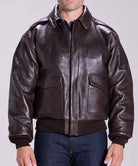Front view of a men's A-2 leather flight jacket featuring genuine cowhide leather, flap pockets, and a vintage brown bomber design.