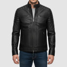 Black leather jacket worn by a person on a light gray background