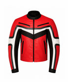 A red leather jacket with black and white geometric paneling, a black collar, and a front zipper, shown on a plain white background.