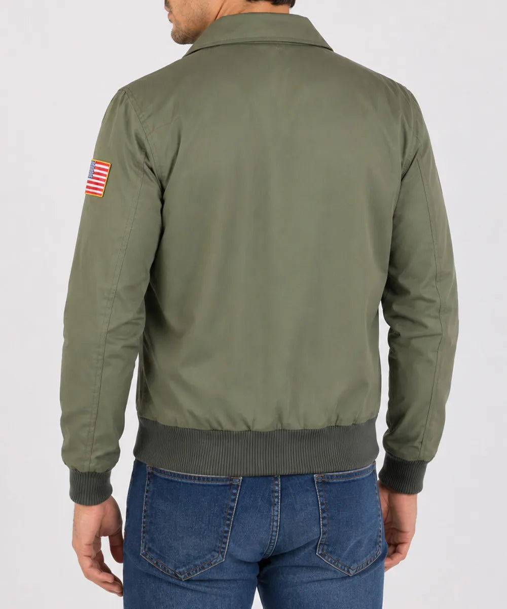 Men's Top Gun green bomber jacket based on Maverick's iconic military flight jacket look.