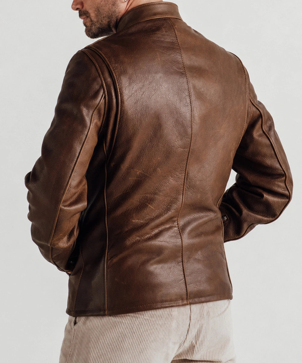 Brown cafe racer leather jacket featuring a tailored fit and minimalist motorcycle style