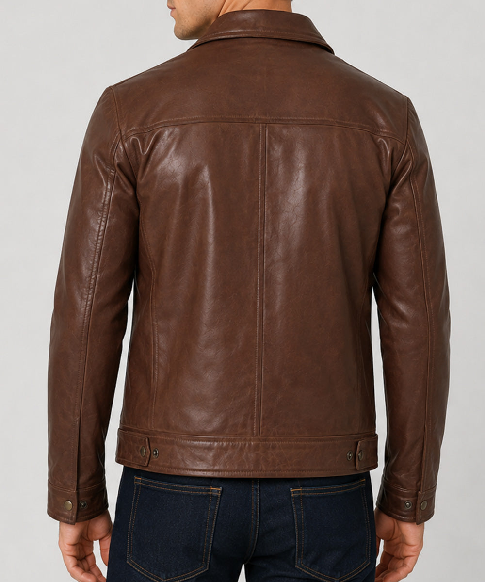 Back view of men's brown leather Harrington jacket