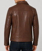 Back view of men's brown leather Harrington jacket