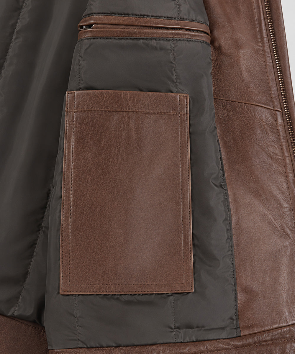 Side view of brown leather Harrington jacket with shirt collar
