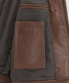 Side view of brown leather Harrington jacket with shirt collar
