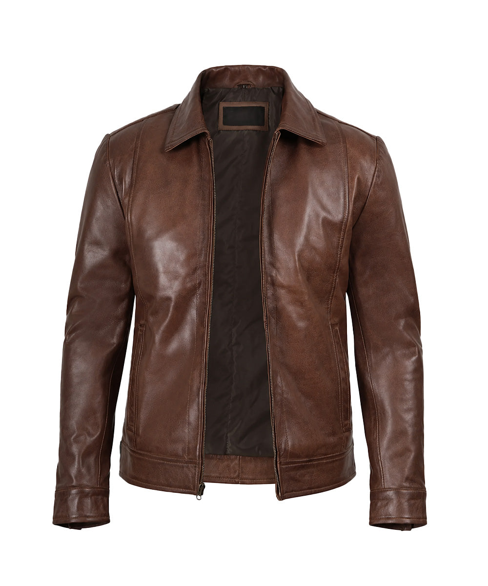 Brown leather Harrington jacket for men in real leather