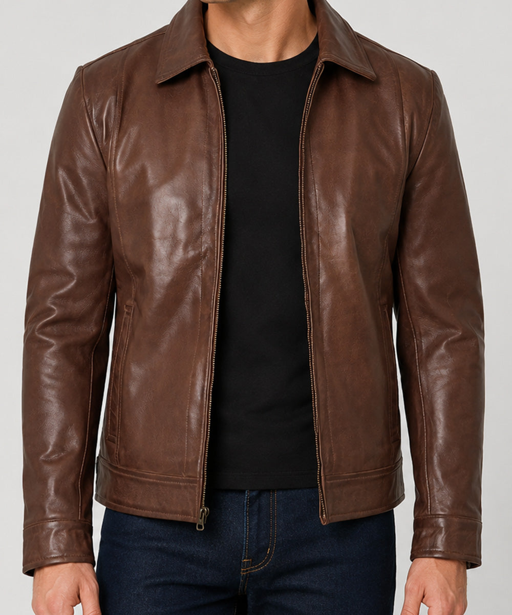 Men's brown leather Harrington jacket with adjustable snap cuffs