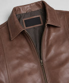 Brown leather Harrington jacket with exterior and interior pockets